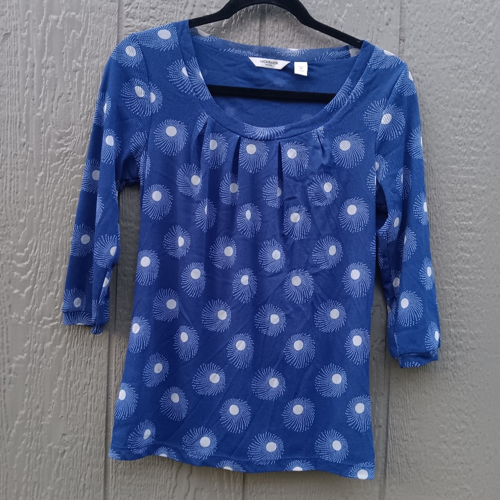 LIZ CLAIBORNE Petite Royal Blue And White Scoop Neck Sheer Blouse Size PM